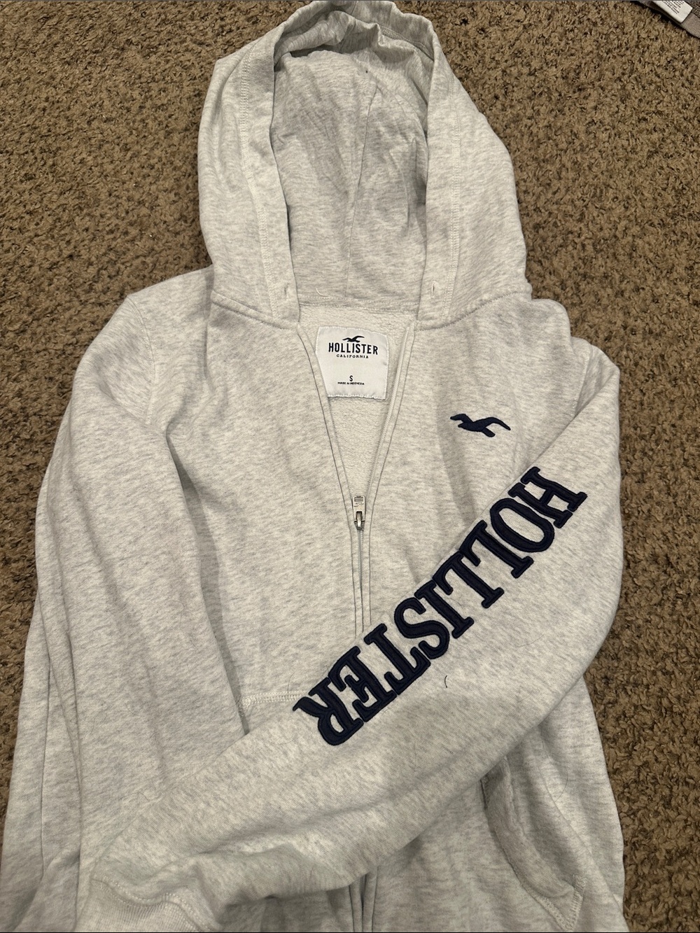 Hollister Light Heather Gray Zip Hoodie with Navy Logo